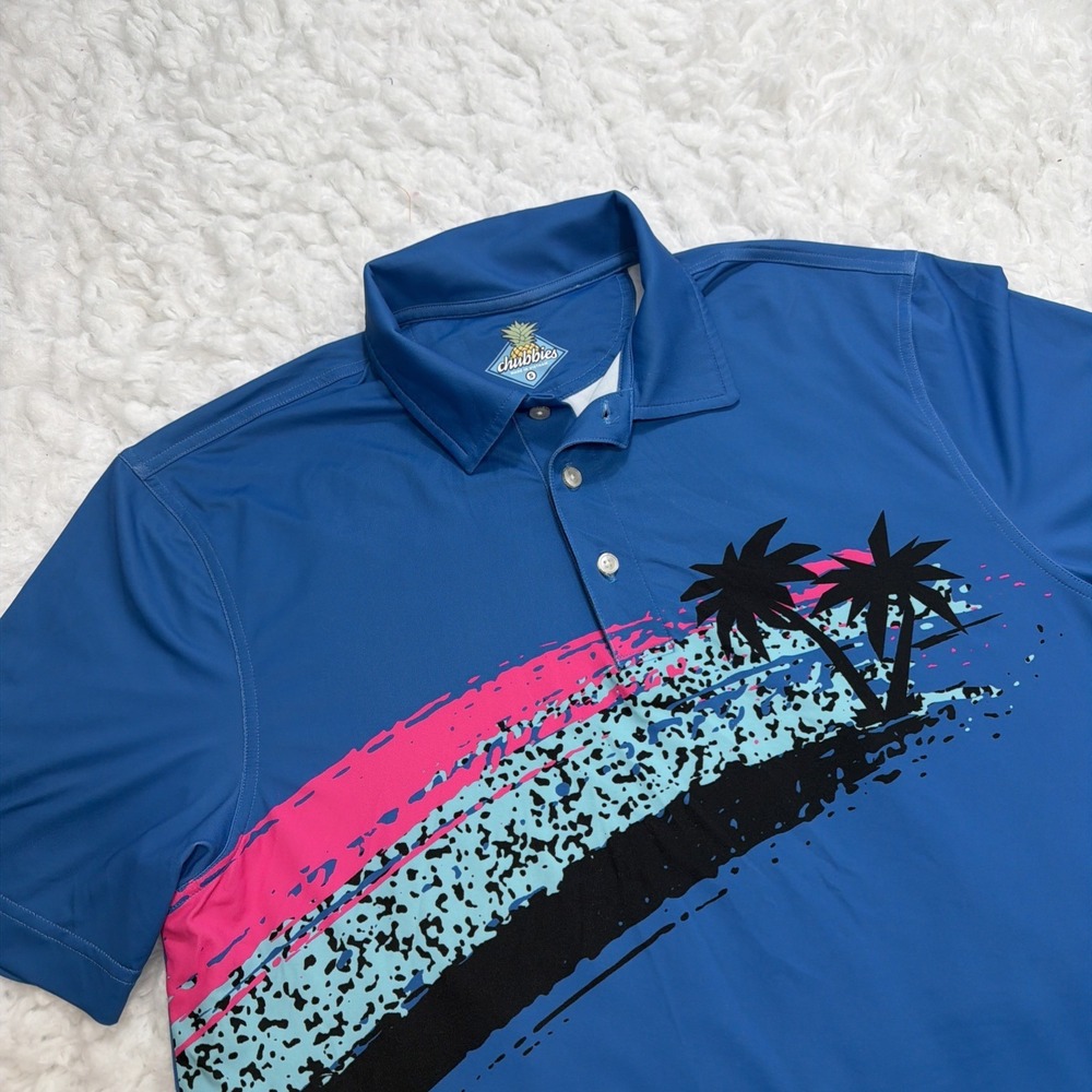 CHUBBIES‎ Golf Polo Men's Small Blue Tropical Neon 90's Print Blue Performance